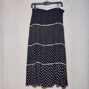 Cathy Daniels Black White Polka Dot Maxi Skirt Elastic Waist Size L Large